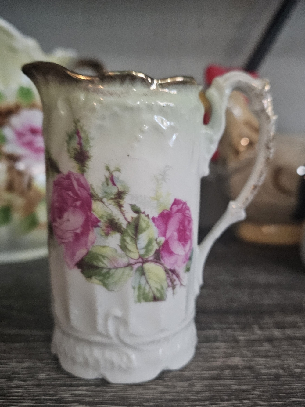 Vintage Pink Rose Porcelain Creamer with Gold Trim